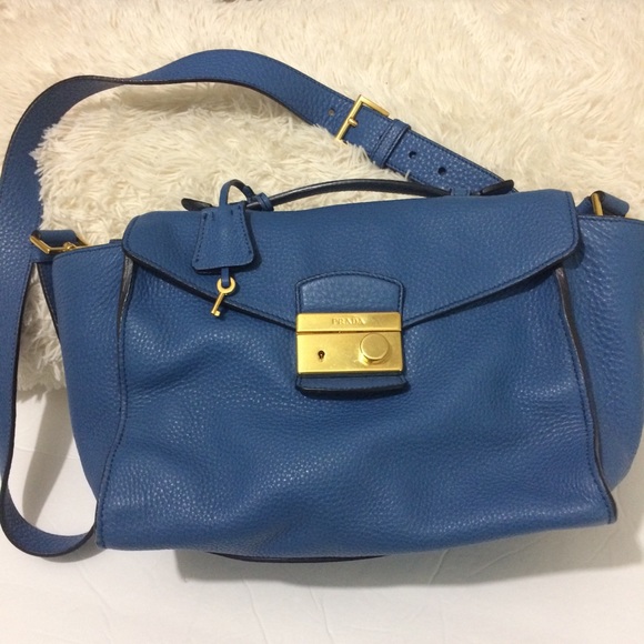 Prada Authentic Satchel Bag Pebbled Leather Blue - Picture 2 of 15